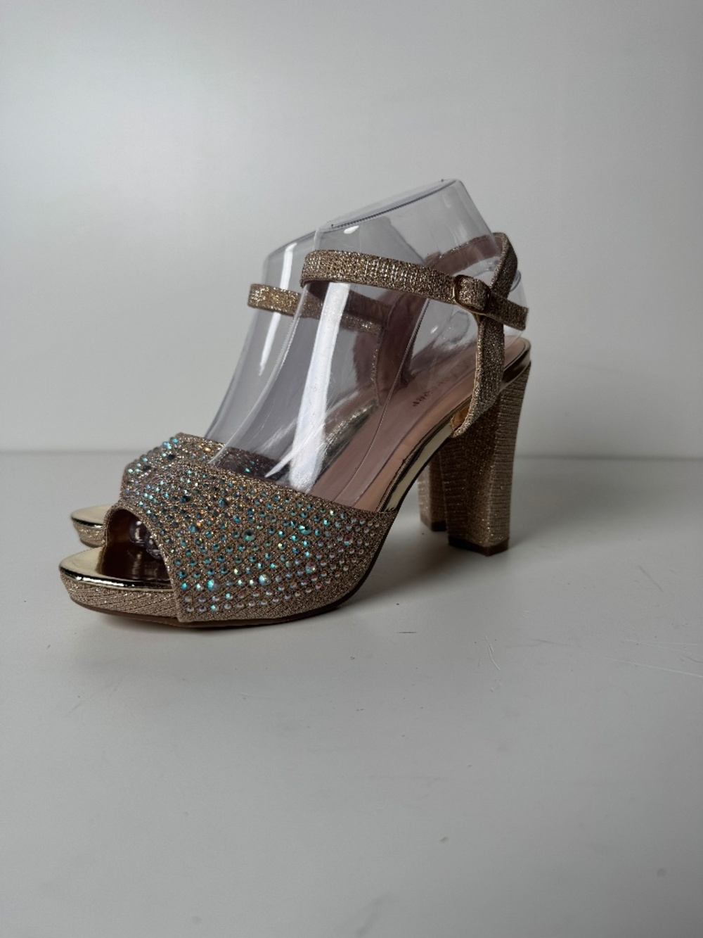 Forever Gold Glitter Chunky Heel Platform Sandals Rhinestone Prom Women Size 7.5